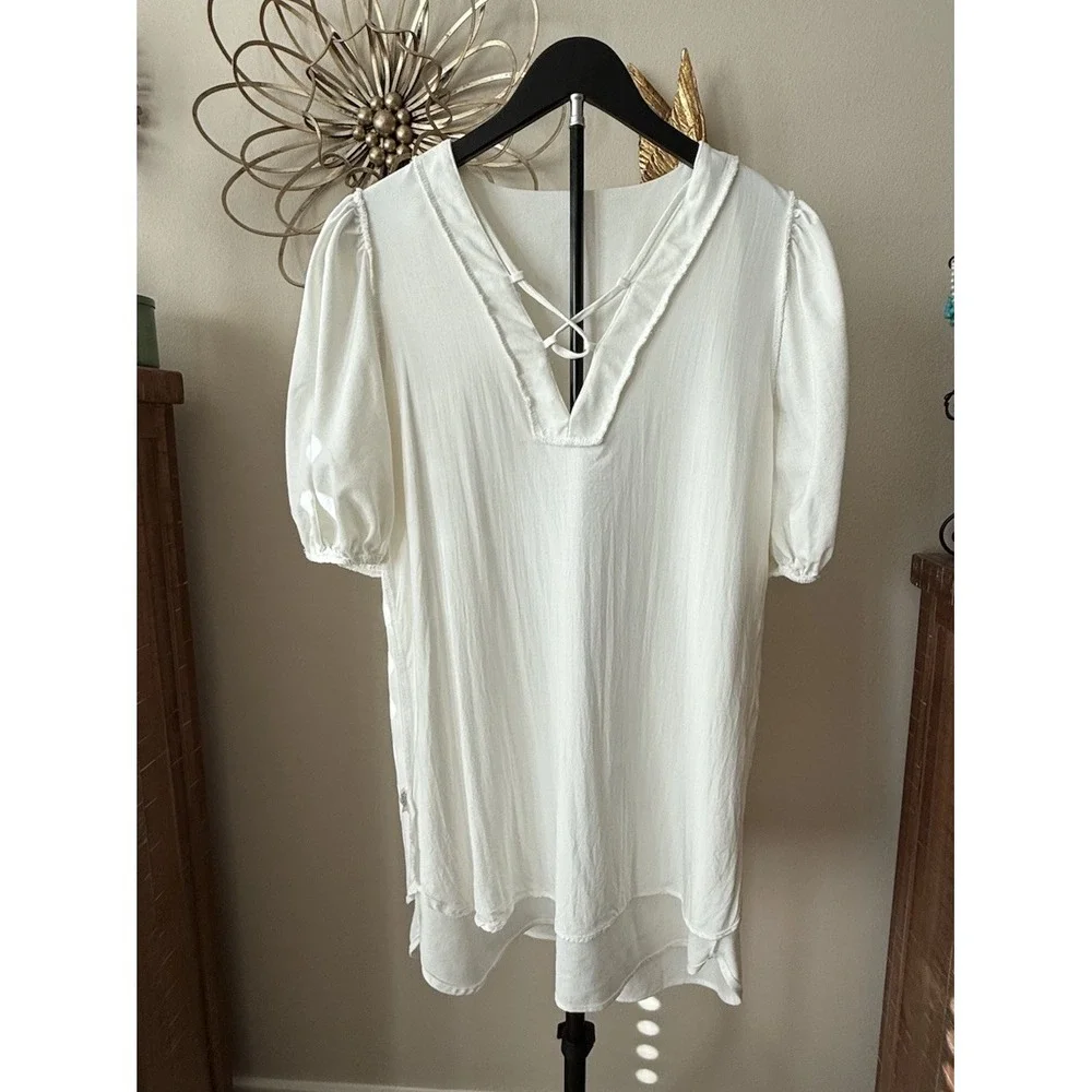 Chrysanthemum Linen Blend Mini‎ Dress Women M Ivory Puff Sleeve Lace Up Cottage